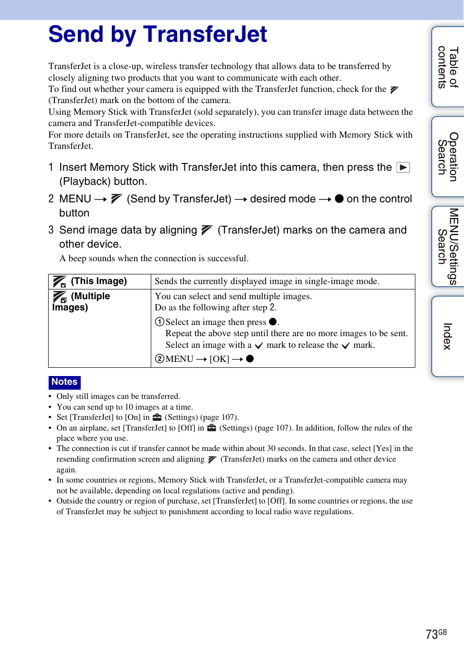 Send by transferjet, Mark (73 | Sony DSC-HX5V User Manual | Page 73 / 160