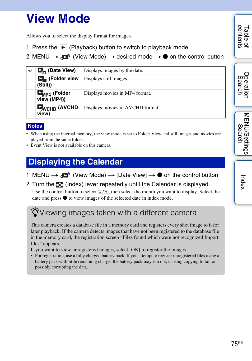 View mode, View mode), Displaying the calendar z | Viewing images taken with a different camera | Sony DSC-HX5V User Manual | Page 75 / 160