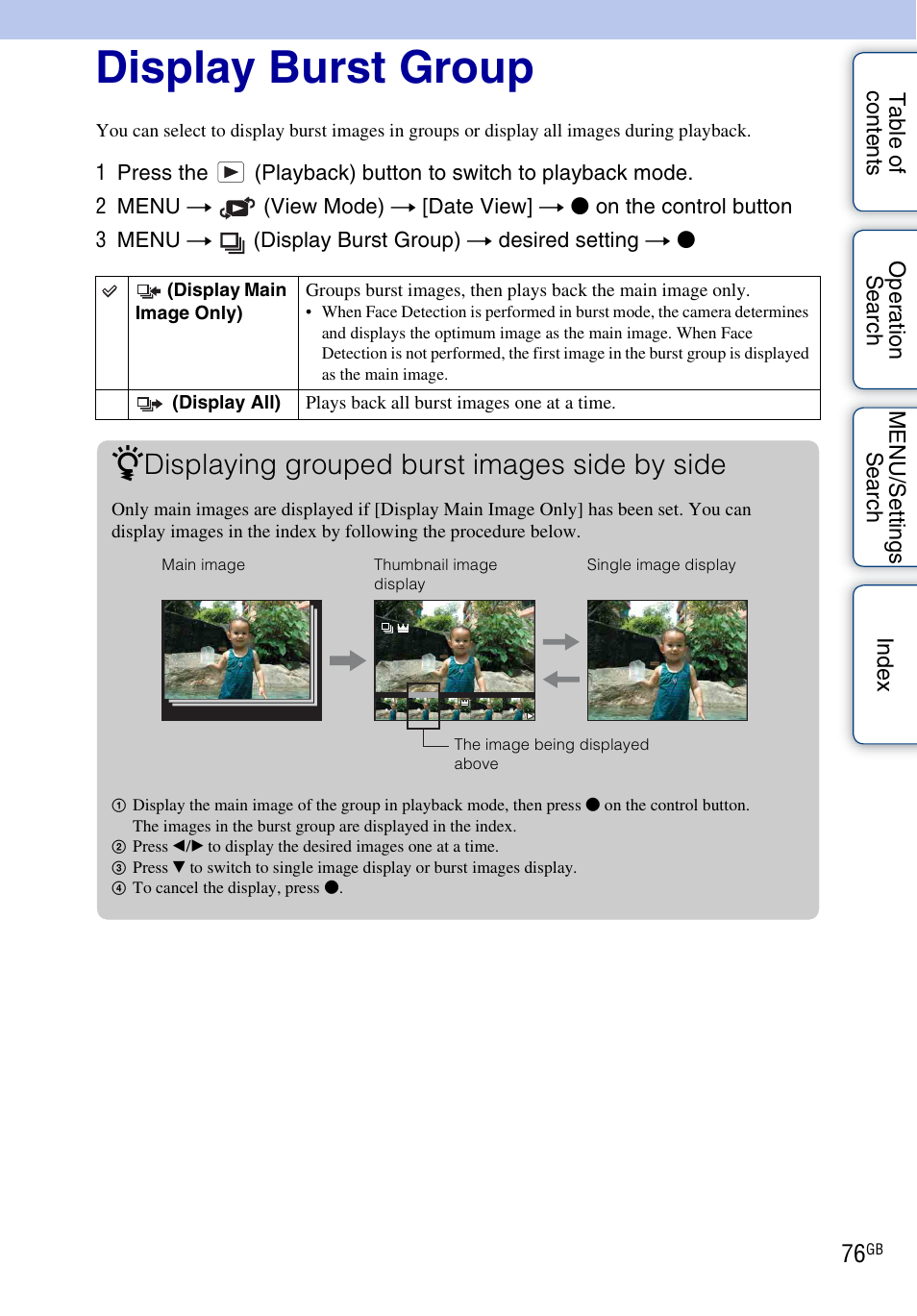 Display burst group, Display burst group), Displaying grouped burst images side by side | Sony DSC-HX5V User Manual | Page 76 / 160