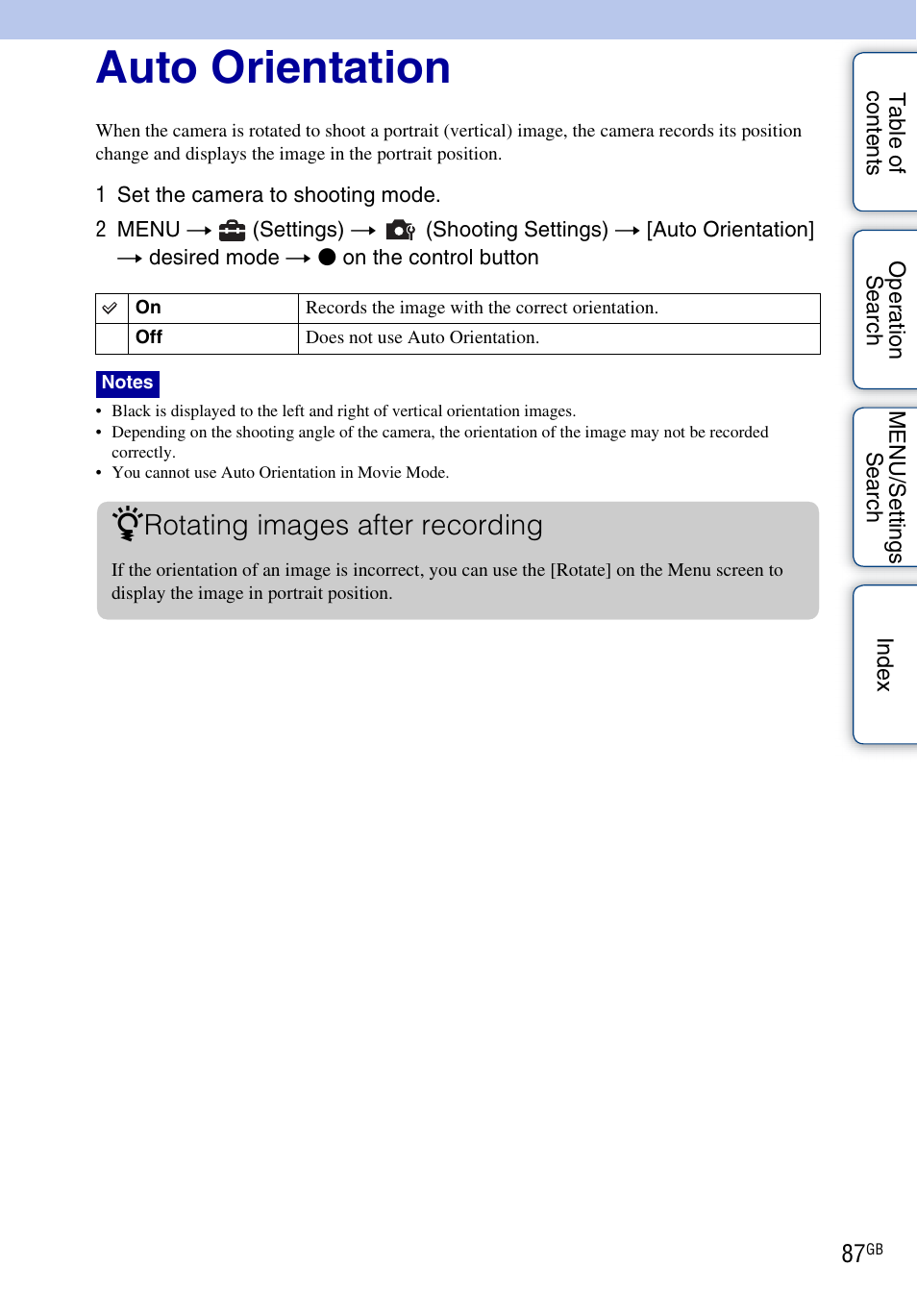 Auto orientation, Rotating images after recording | Sony DSC-HX5V User Manual | Page 87 / 160