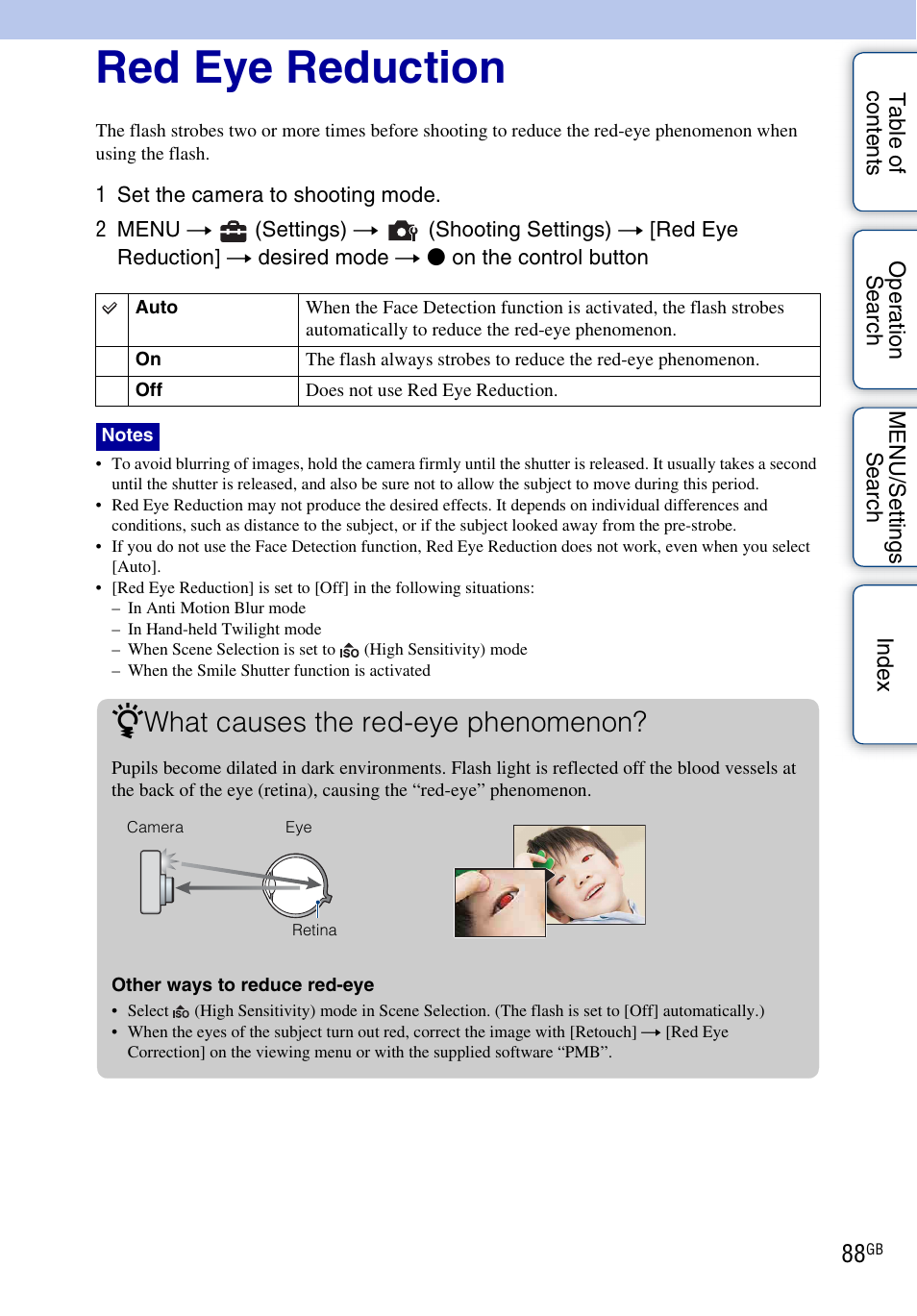 Red eye reduction, What causes the red-eye phenomenon | Sony DSC-HX5V User Manual | Page 88 / 160