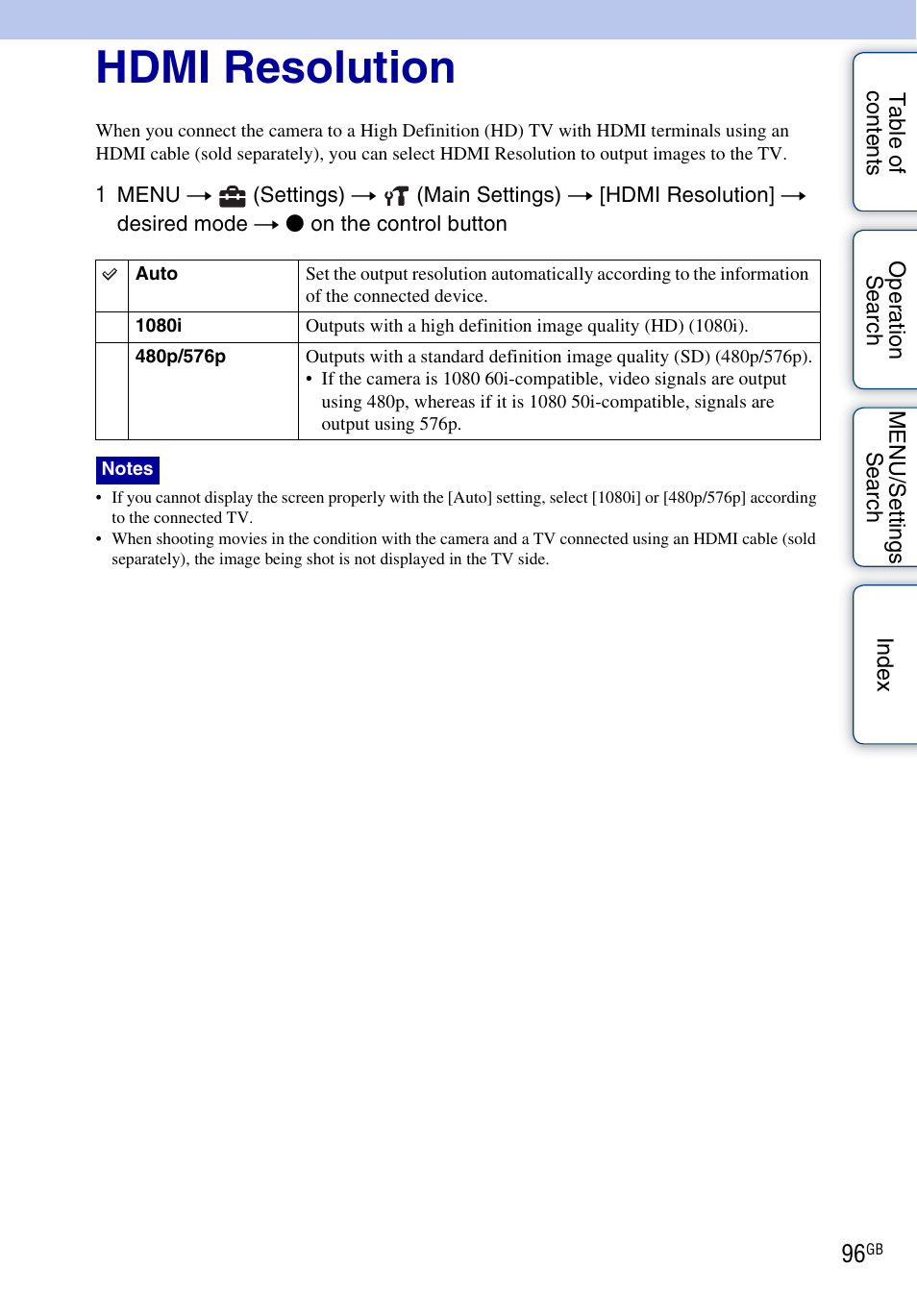 Hdmi resolution | Sony DSC-HX5V User Manual | Page 96 / 160