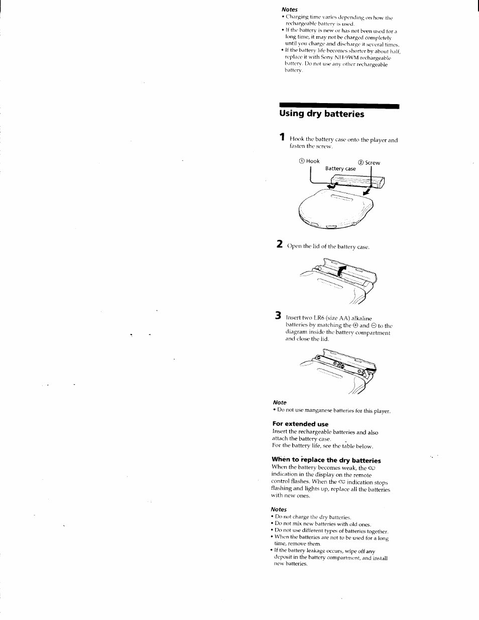 For extended use, When to replace the dry batteries, Using dry batteries | Sony D-E905 User Manual | Page 13 / 19