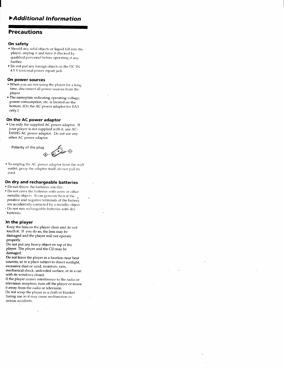 On safety, On power sources, On the ac power adaptor | On dry and rechargeable batteries, N the player, Additional information precautions | Sony D-E905 User Manual | Page 15 / 19
