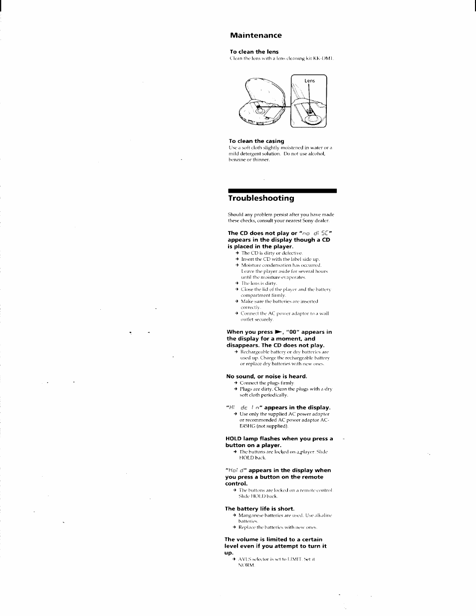 Maintenance, Troubleshooting | Sony D-E905 User Manual | Page 17 / 19
