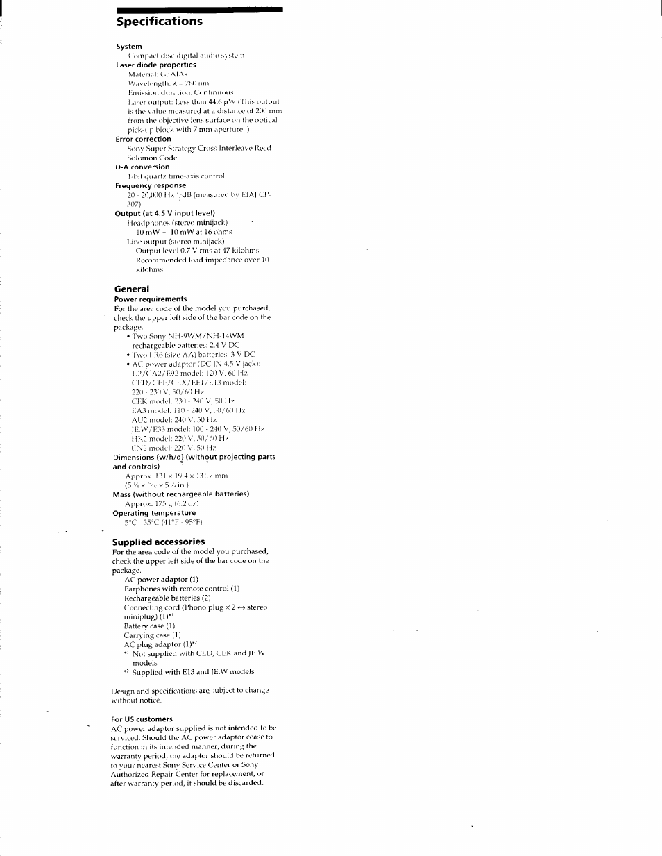 General, Supplied accessories, Specifications | Sony D-E905 User Manual | Page 18 / 19
