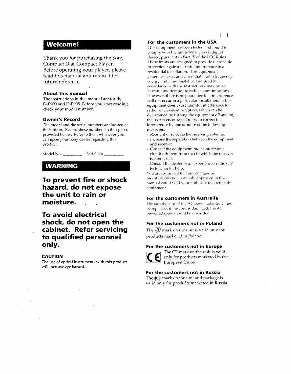 About this manual, Owner's record, Caution | For the customers in the usa, For the customers in australia, For the customers not in poland, For the customers not in europe, For the customers not in russia, Welcome | Sony D-E905 User Manual | Page 2 / 19