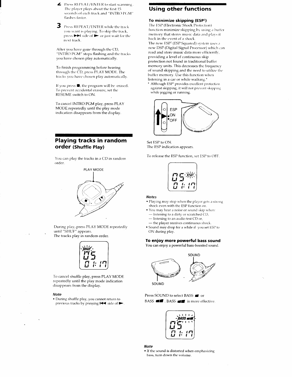 To minimize skipping (esp^), To enjoy more powerful bass sound, Playing tracks in random order | Using other functions | Sony D-E905 User Manual | Page 8 / 19