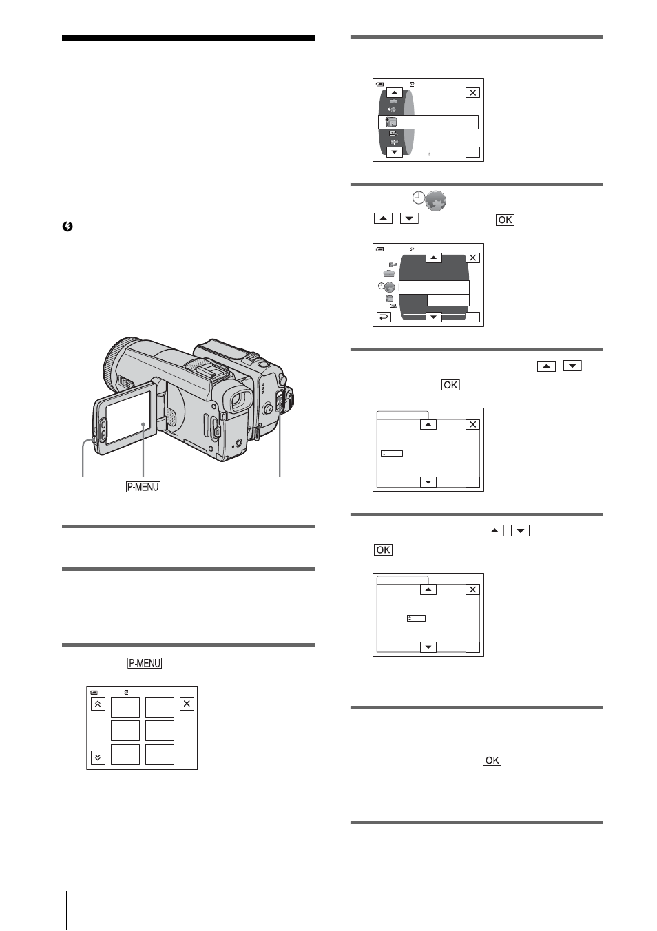 Step 5: setting the date and time, Turn on your camcord er (p. 16), Press open and open the lcd panel | Touch, Touch [menu, Select (time/langu.) with / , then touch, Select [clock set] with / , then touch, Set [y] (year) with / , then touch, You can set any year up to the year 2079 | Sony DCR-HC1000 User Manual | Page 18 / 140