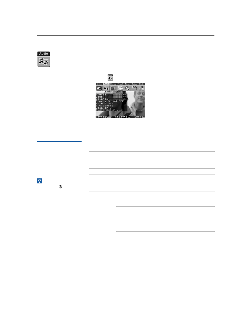 Using the audio menu, Selecting audio options, 27 using the audio menu | Sony wega KV-36FS16 User Manual | Page 33 / 60