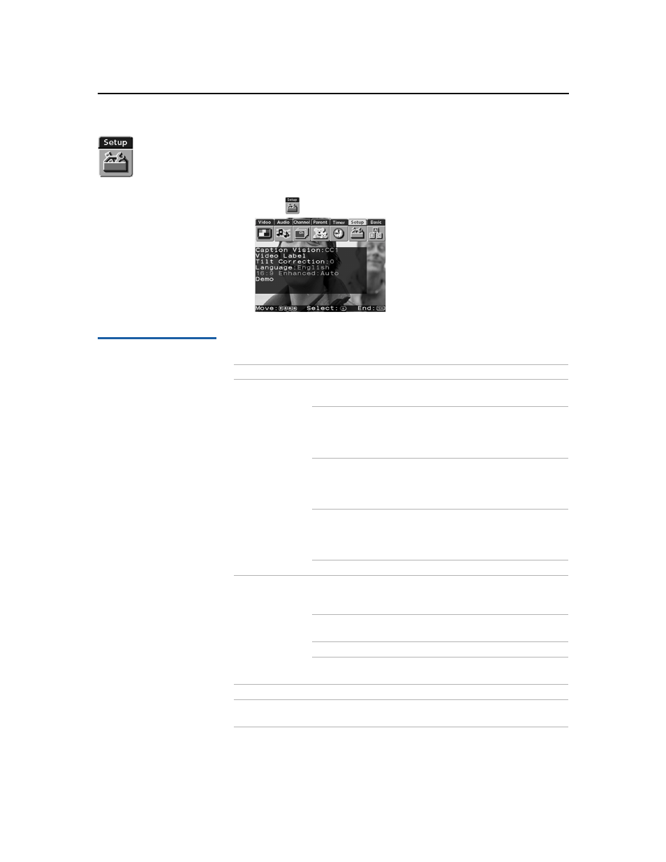 Using the setup menu, Selecting setup options, 34 using the setup menu | Sony wega KV-36FS16 User Manual | Page 40 / 60