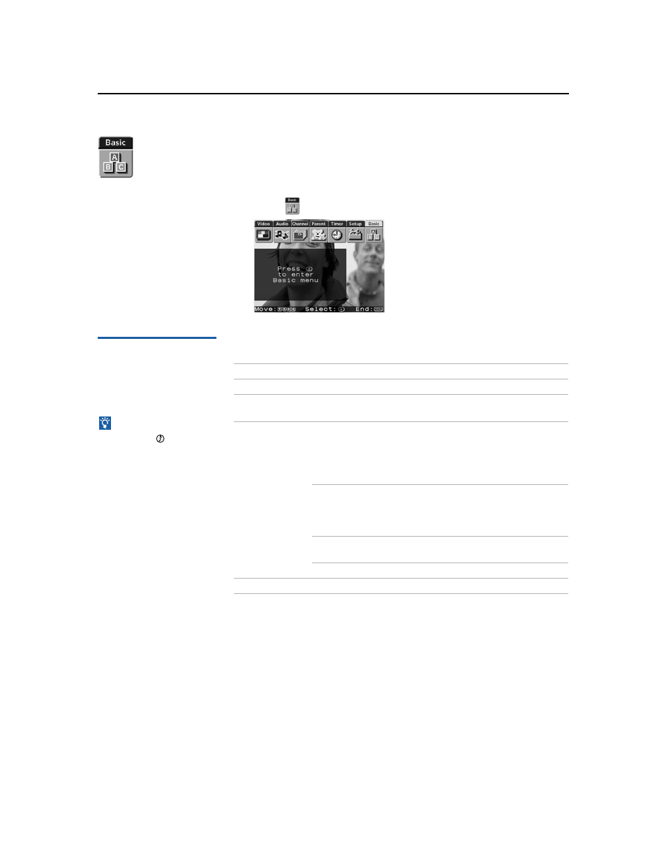 Using the basic menu, Selecting basic options, 36 using the basic menu | Sony wega KV-36FS16 User Manual | Page 42 / 60