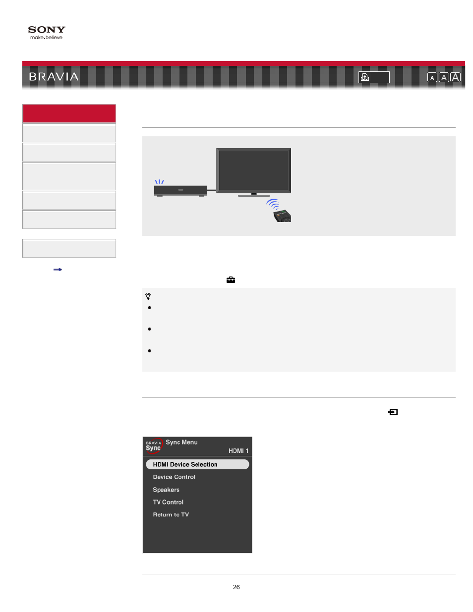 Bravia” sync with control for hdmi, Bravia” sync-compatible equipment, Hdmi device selection | Sync menu | Sony KDL-55EX710 User Manual | Page 26 / 138