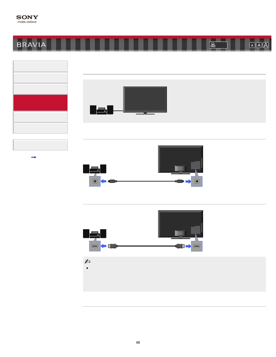 Audio system, Audio system (connected equipment), Digital audio out | Sony KDL-55EX710 User Manual | Page 48 / 138