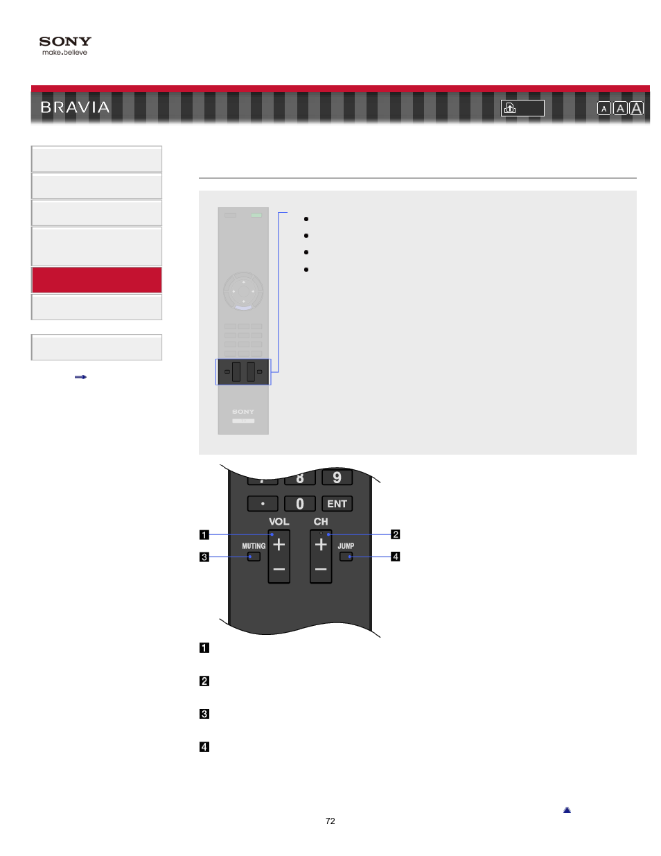 Bottom, Remote control buttons (bottom part) | Sony KDL-55EX710 User Manual | Page 72 / 138