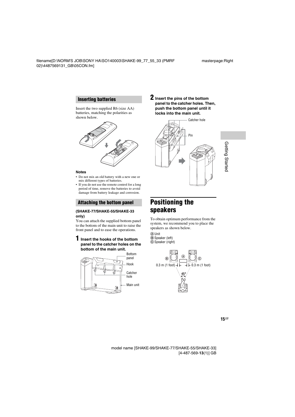 Positioning the speakers | Sony SHAKE-99 User Manual | Page 15 / 48