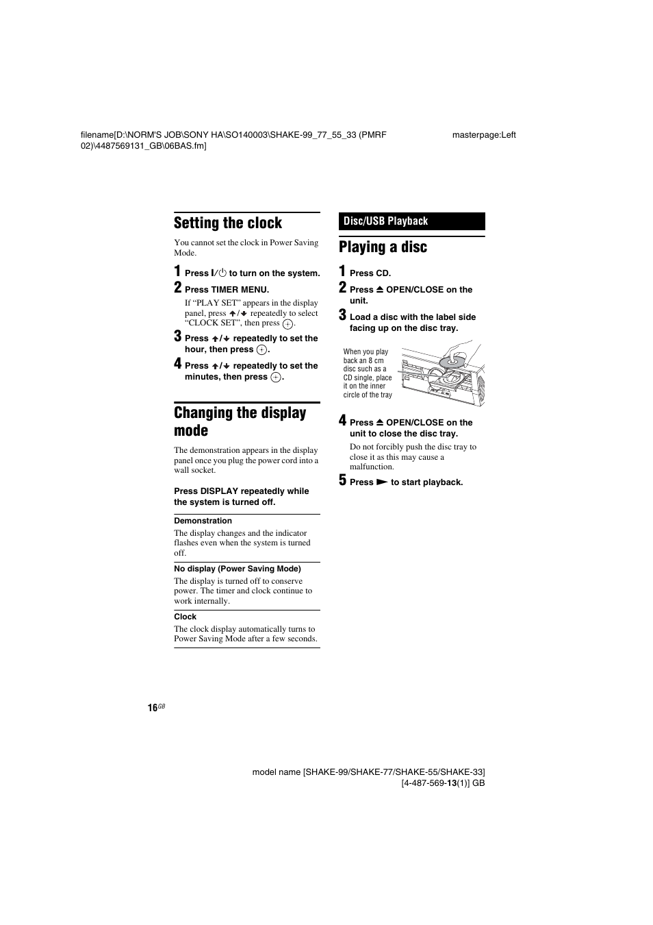 Setting the clock, Changing the display mode, Disc/usb playback | Playing a disc, Playing a disc 1 | Sony SHAKE-99 User Manual | Page 16 / 48