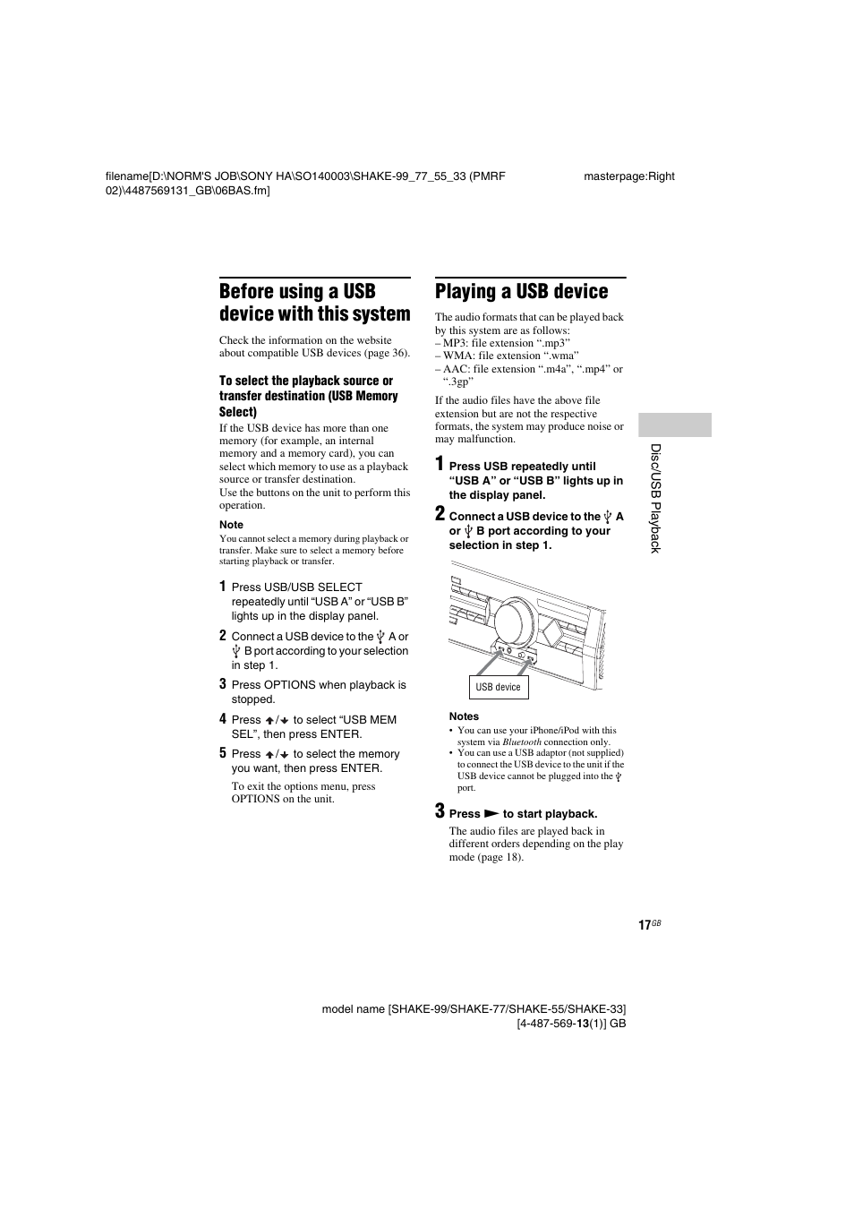 Before using a usb device with this system, Playing a usb device | Sony SHAKE-99 User Manual | Page 17 / 48