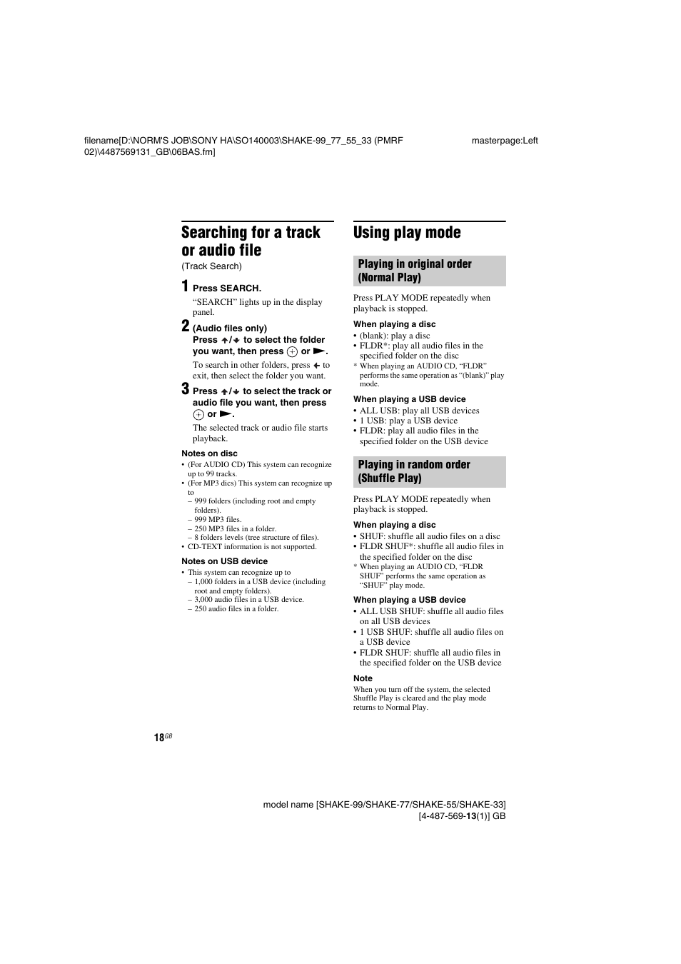 Searching for a track or audio file (track search), Using play mode, Searching for a track or audio file | Sony SHAKE-99 User Manual | Page 18 / 48