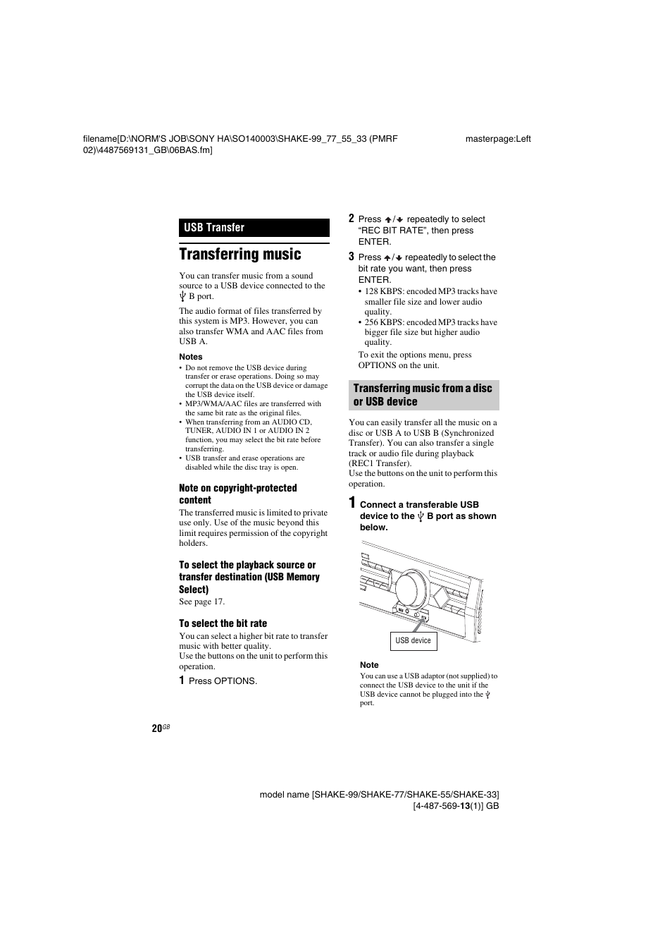 Usb transfer, Transferring music | Sony SHAKE-99 User Manual | Page 20 / 48