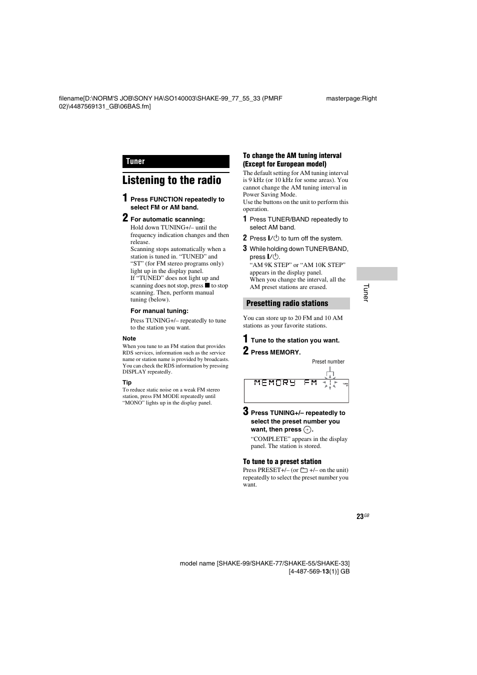 Tuner, Listening to the radio, Listening to the radio 1 | Sony SHAKE-99 User Manual | Page 23 / 48