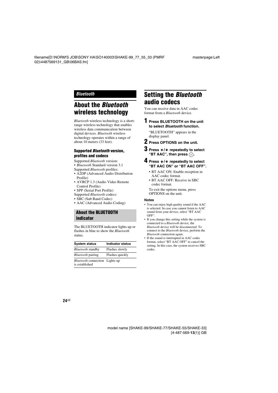 Bluetooth, About the bluetooth wireless technology, Setting the bluetooth audio codecs | Sony SHAKE-99 User Manual | Page 24 / 48