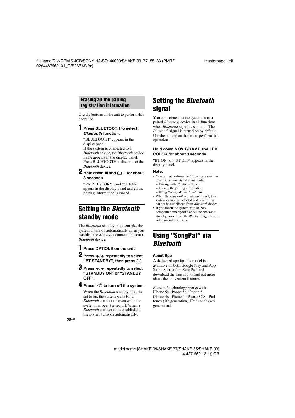 Setting the bluetooth standby mode, Setting the bluetooth signal, Using “songpal” via bluetooth | Sony SHAKE-99 User Manual | Page 28 / 48