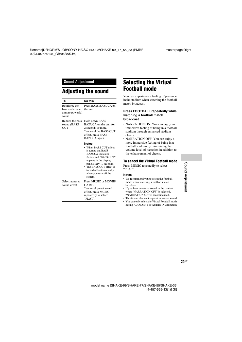 Sound adjustment, Adjusting the sound, Selecting the virtual football mode | Sony SHAKE-99 User Manual | Page 29 / 48