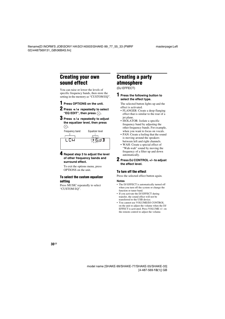 Creating your own sound effect, Creating a party atmosphere (dj effect), Creating a party atmosphere | Sony SHAKE-99 User Manual | Page 30 / 48