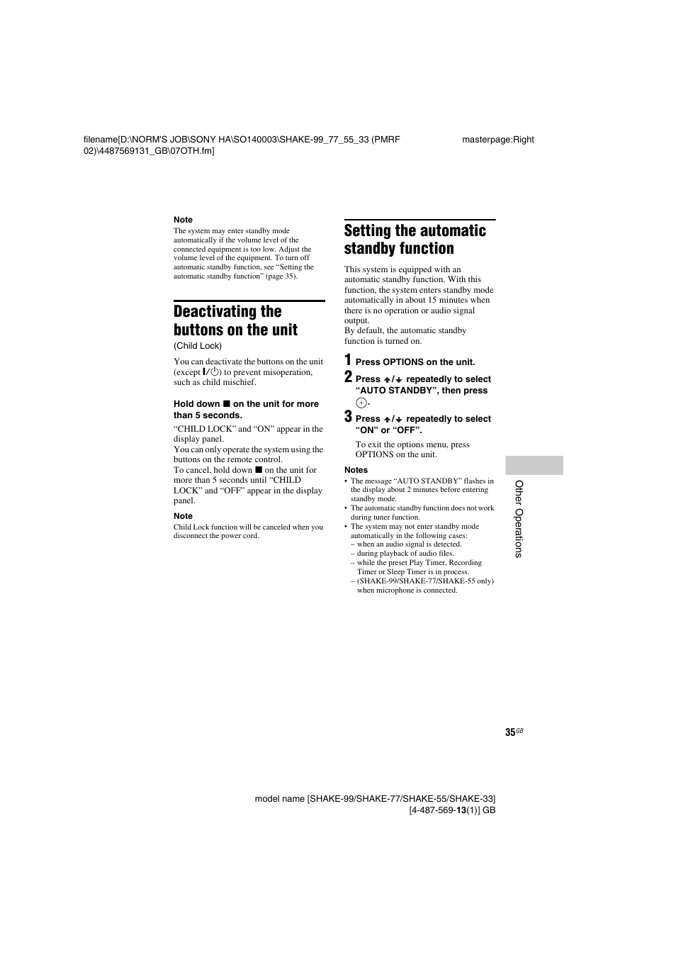 Deactivating the buttons on the unit (child lock), Setting the automatic standby function, Deactivating the buttons on the unit | Sony SHAKE-99 User Manual | Page 35 / 48