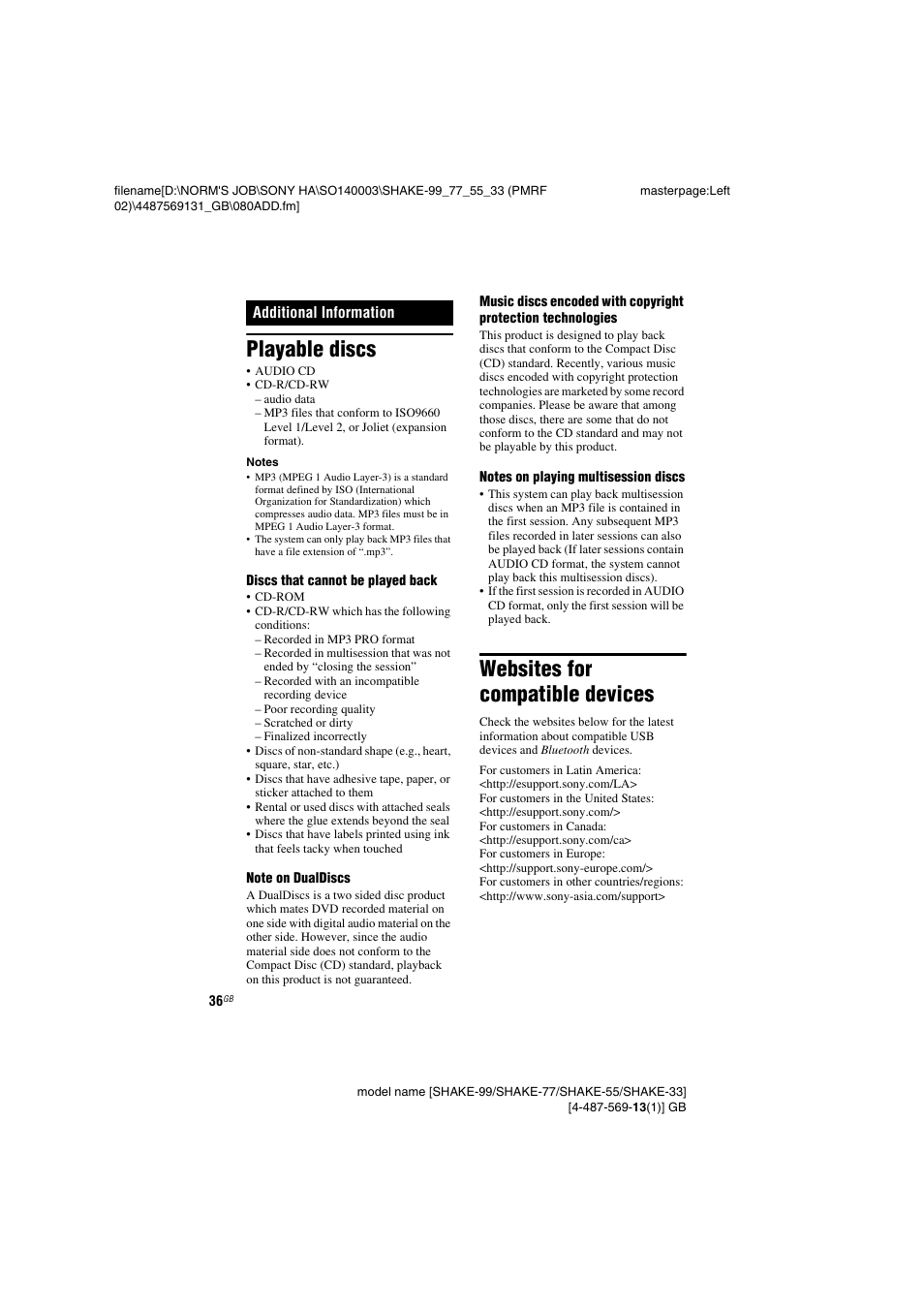 Additional information, Playable discs, Websites for compatible devices | Sony SHAKE-99 User Manual | Page 36 / 48