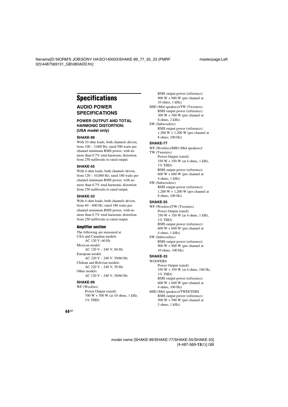 Specifications | Sony SHAKE-99 User Manual | Page 44 / 48