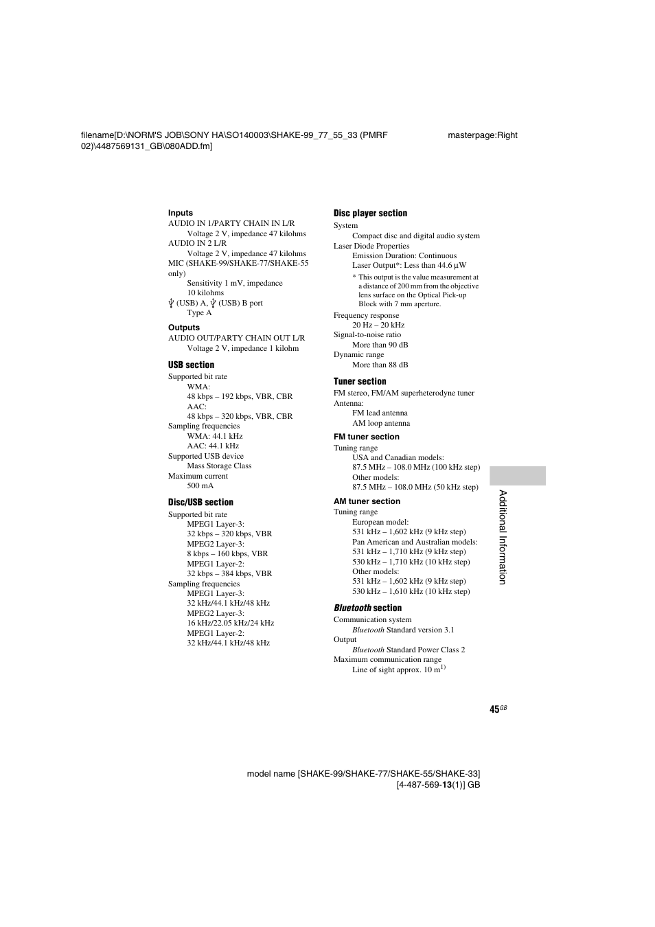Sony SHAKE-99 User Manual | Page 45 / 48