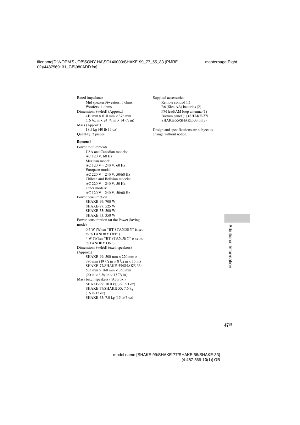 Sony SHAKE-99 User Manual | Page 47 / 48