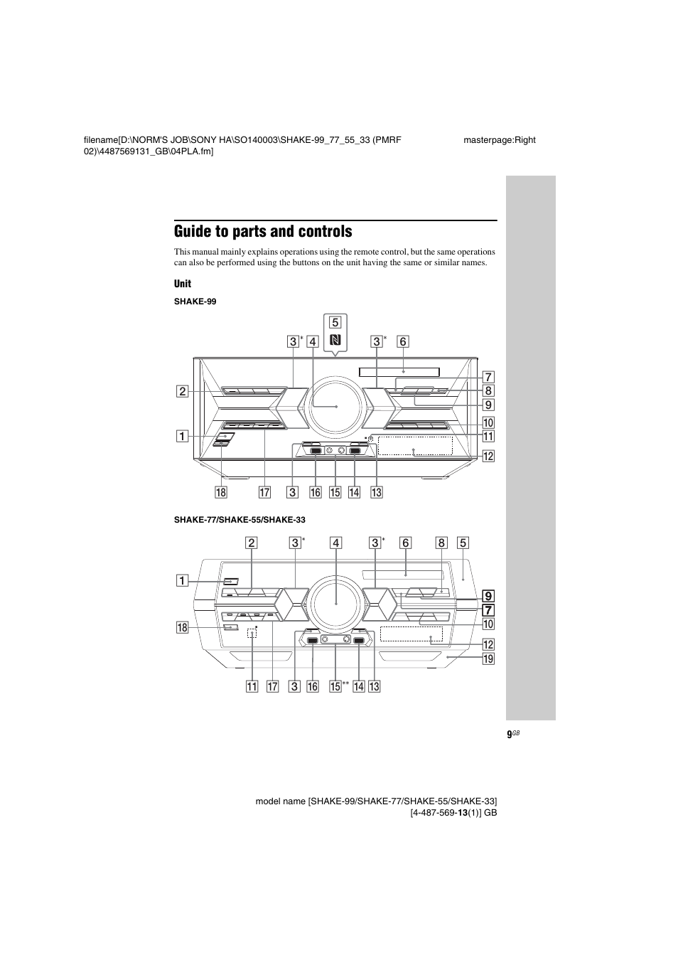 Guide to parts and controls | Sony SHAKE-99 User Manual | Page 9 / 48