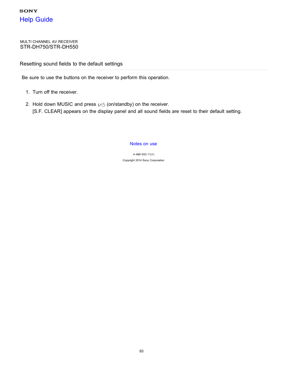 Resetting sound fields to the default settings, Help guide | Sony STR-DH750 User Manual | Page 100 / 246