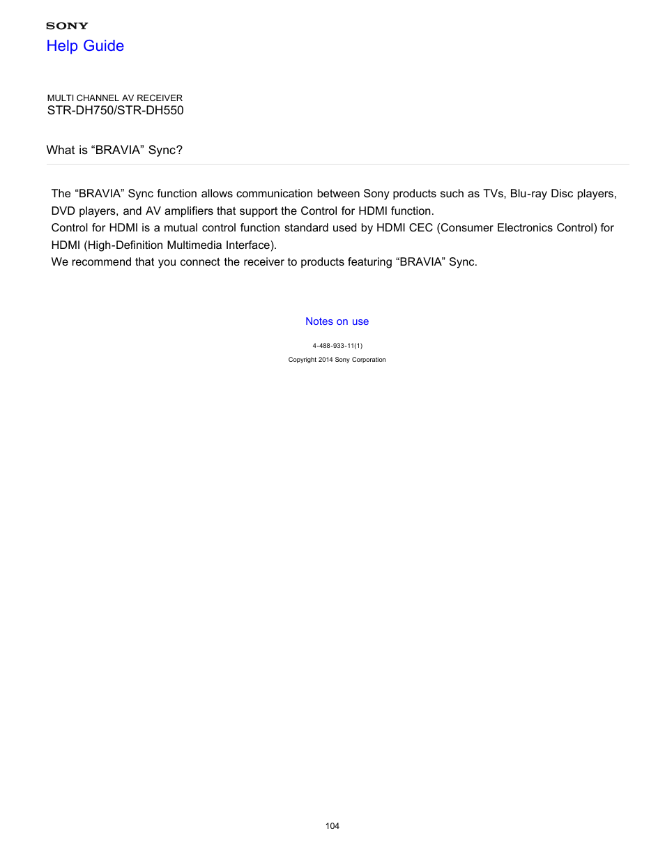What is “bravia” sync, Help guide | Sony STR-DH750 User Manual | Page 111 / 246
