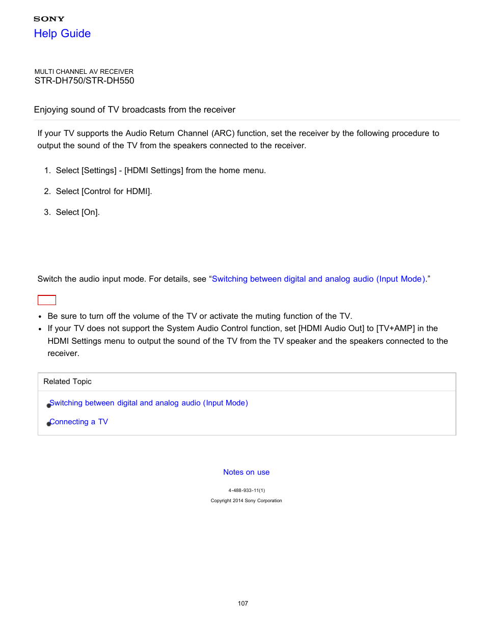 Enjoying sound of tv broadcasts from the receiver, Help guide | Sony STR-DH750 User Manual | Page 114 / 246