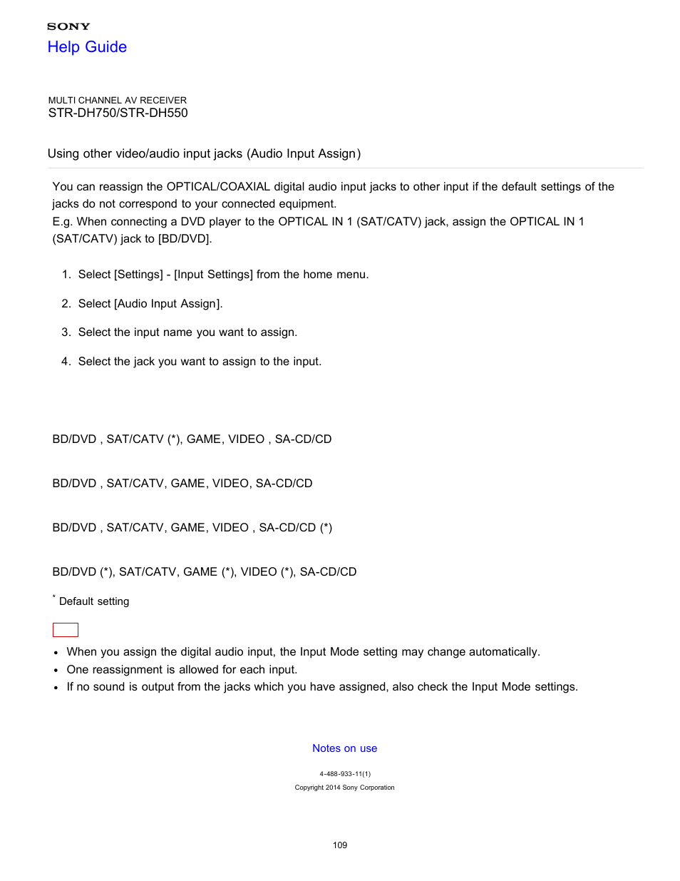 Using other, Video/audio input jacks (audio input assign), Help guide | Sony STR-DH750 User Manual | Page 116 / 246