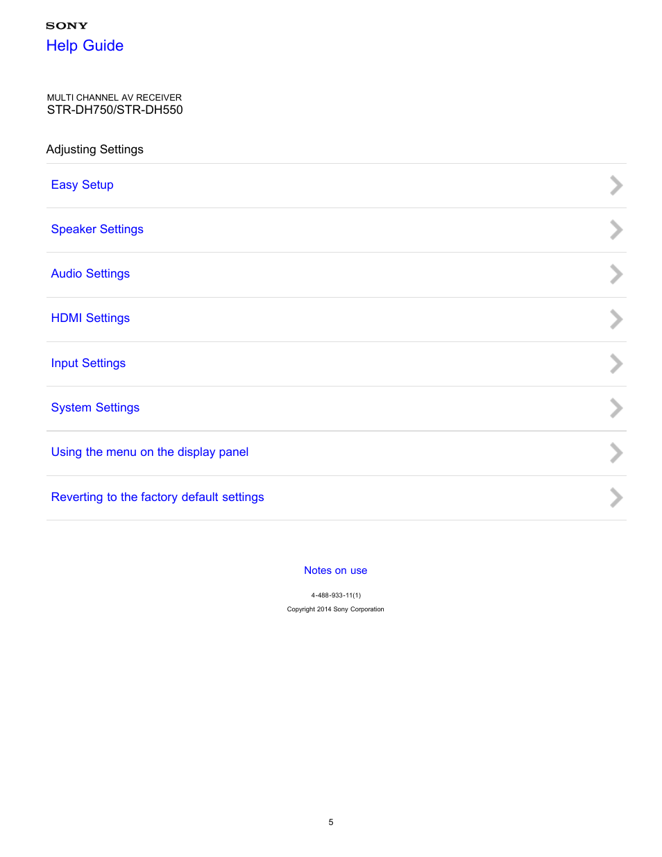 Adjusting settings, Help guide | Sony STR-DH750 User Manual | Page 12 / 246