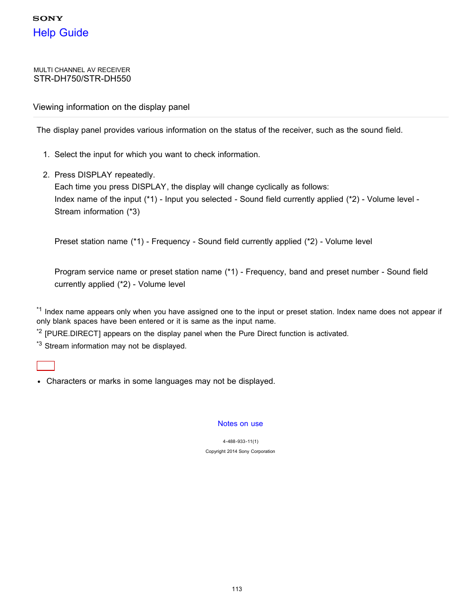 Viewing information on the display panel, Help guide | Sony STR-DH750 User Manual | Page 120 / 246
