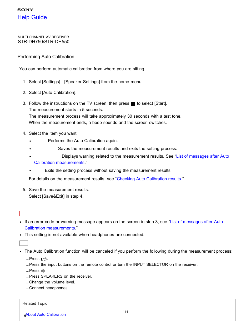 Performing auto calibration, Help guide | Sony STR-DH750 User Manual | Page 121 / 246