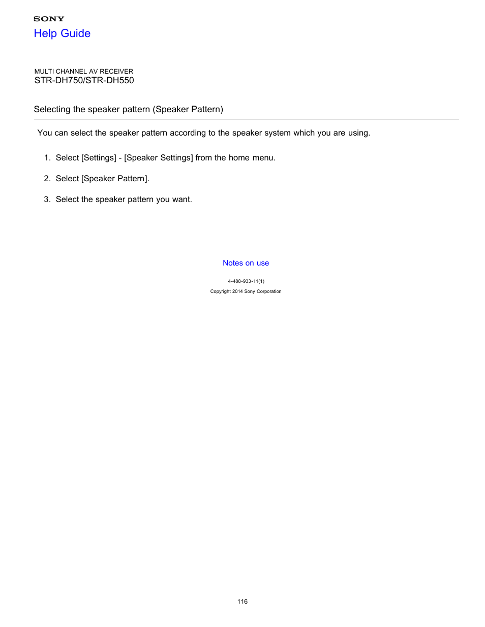 Selecting the speaker pattern (speaker pattern), Help guide | Sony STR-DH750 User Manual | Page 123 / 246