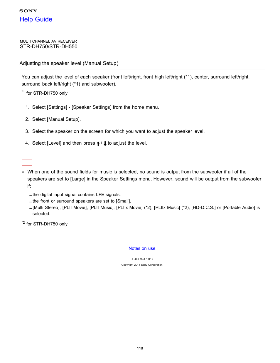 Adjusting the speaker level (manual setup), Help guide | Sony STR-DH750 User Manual | Page 125 / 246