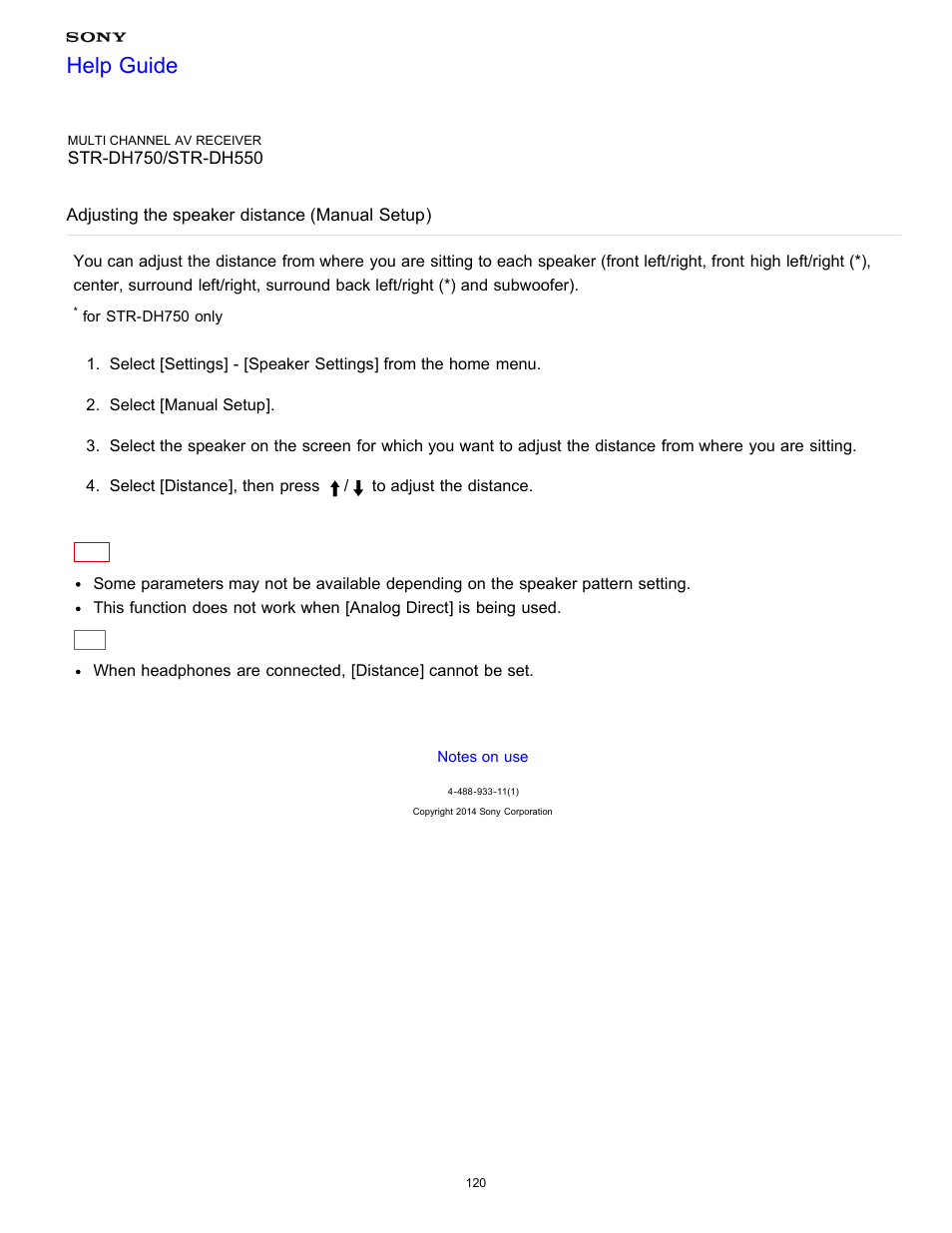 Adjusting the speaker distance (manual setup), Help guide | Sony STR-DH750 User Manual | Page 127 / 246