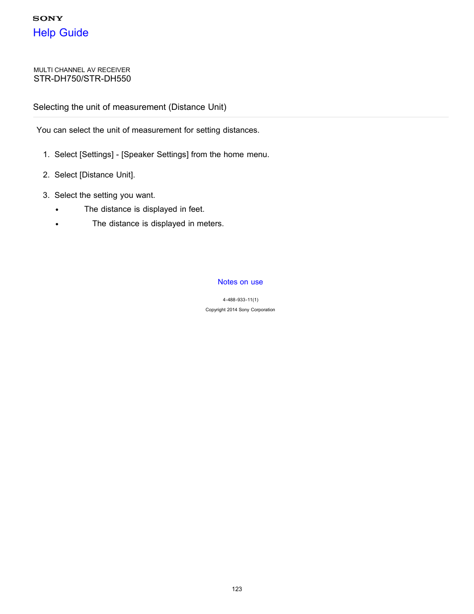 Selecting the unit of measurement (distance unit), Help guide | Sony STR-DH750 User Manual | Page 130 / 246