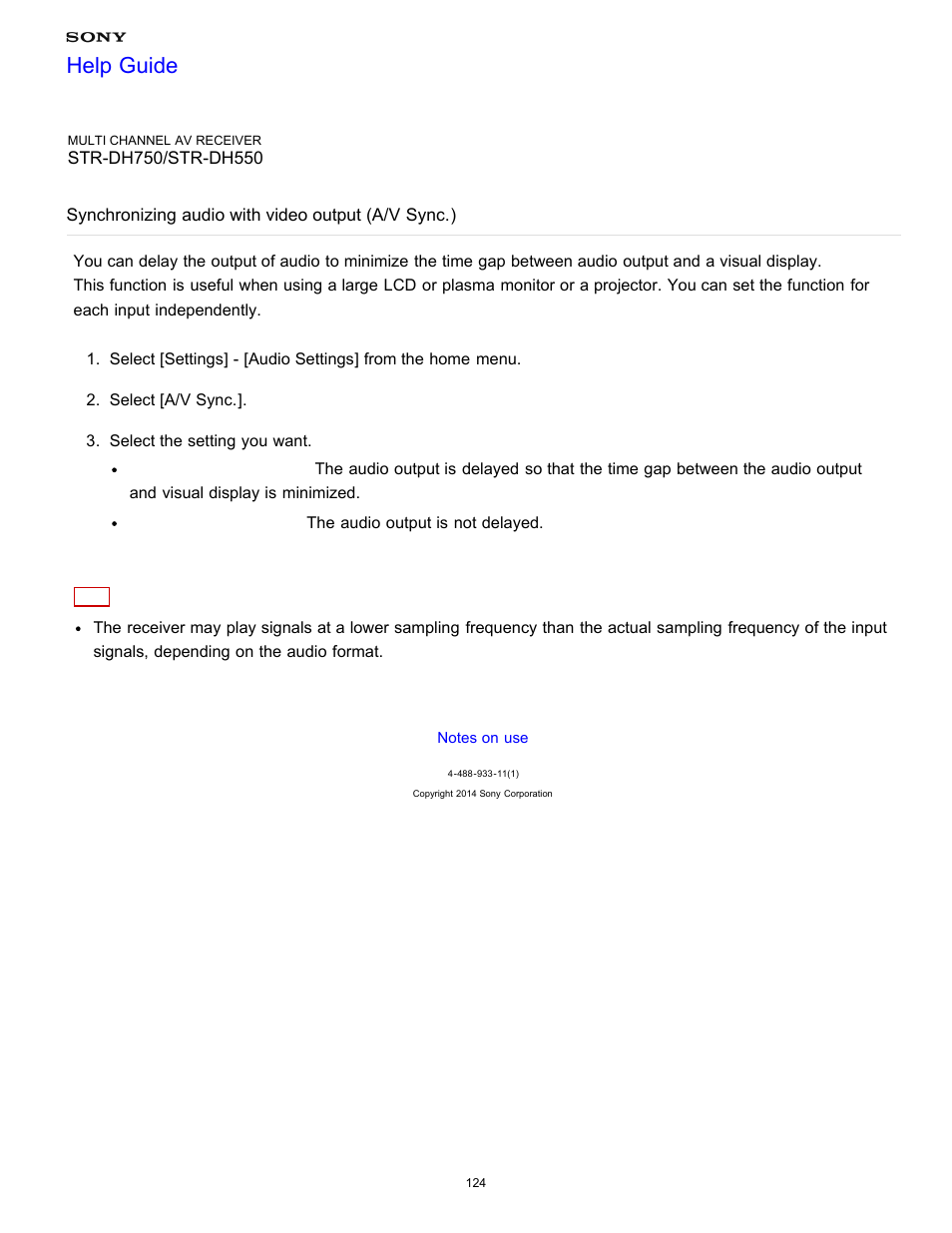 Synchronizing audio with video output (a/v sync.), Help guide | Sony STR-DH750 User Manual | Page 131 / 246