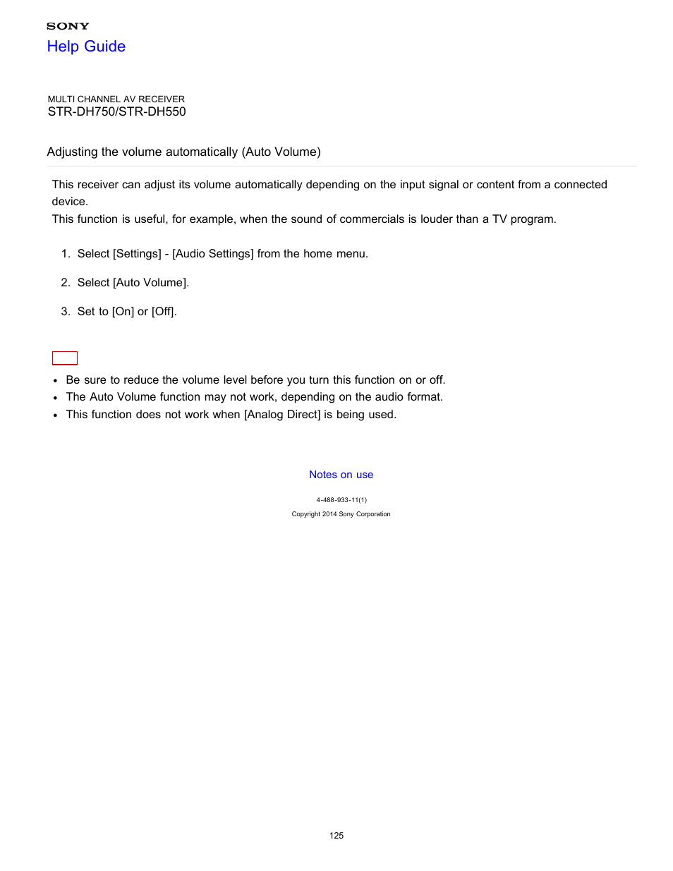 Adjusting the volume automatically (auto volume), Help guide | Sony STR-DH750 User Manual | Page 132 / 246
