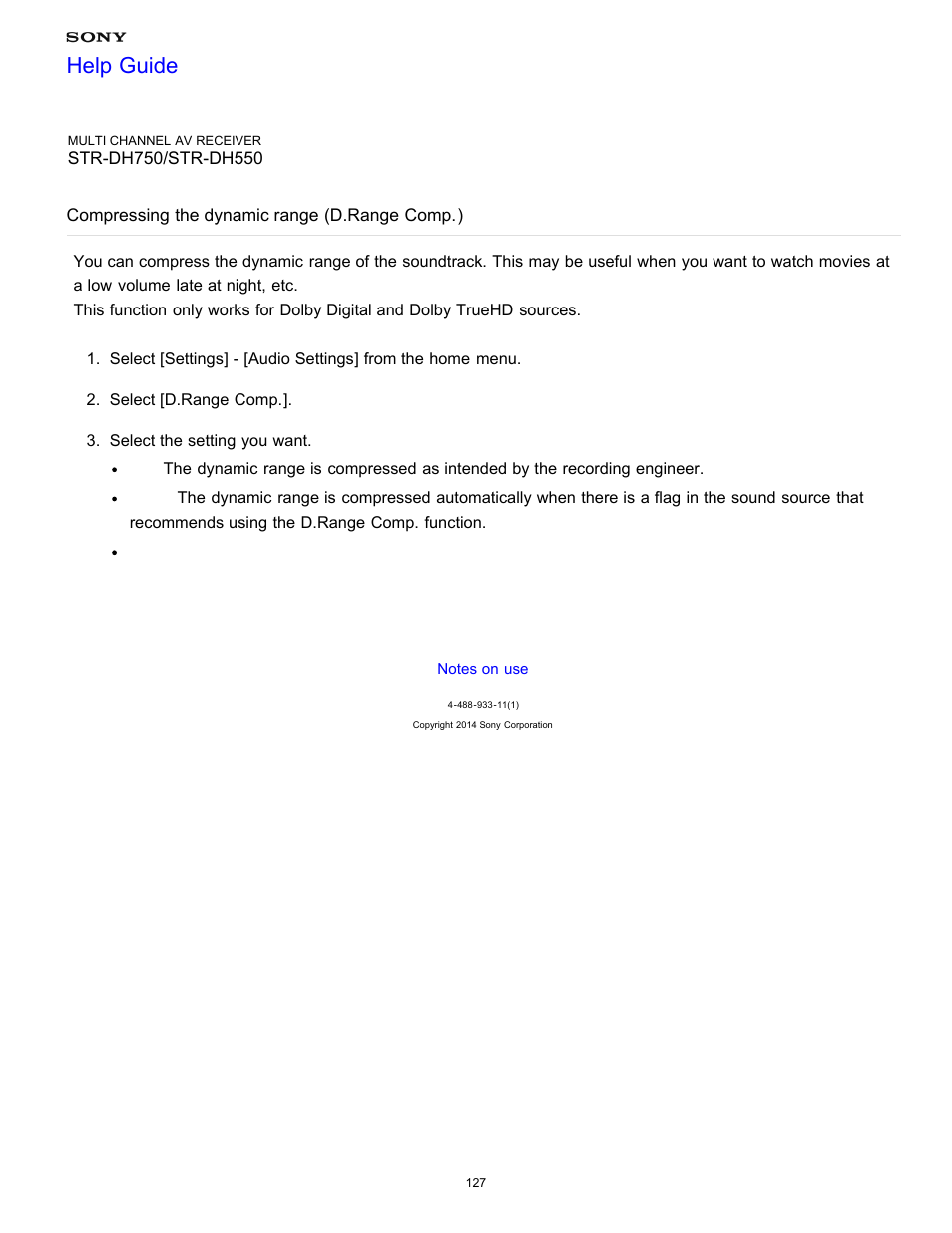 Compressing the dynamic range (d.range comp.), Help guide | Sony STR-DH750 User Manual | Page 134 / 246