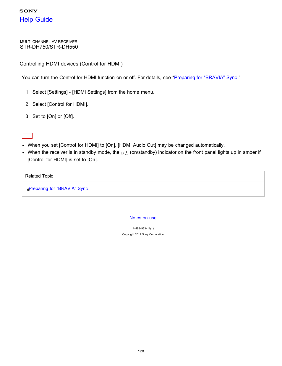 Controlling hdmi devices (control for hdmi), Help guide | Sony STR-DH750 User Manual | Page 135 / 246